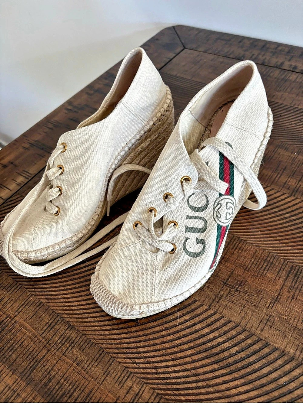 Gucci Canvas Web Logo Wedge Espadrilles in Cream
